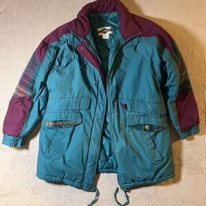Vintage Out Brook Jacket Plaid Patches Teal Women's Coat Size Medium‎